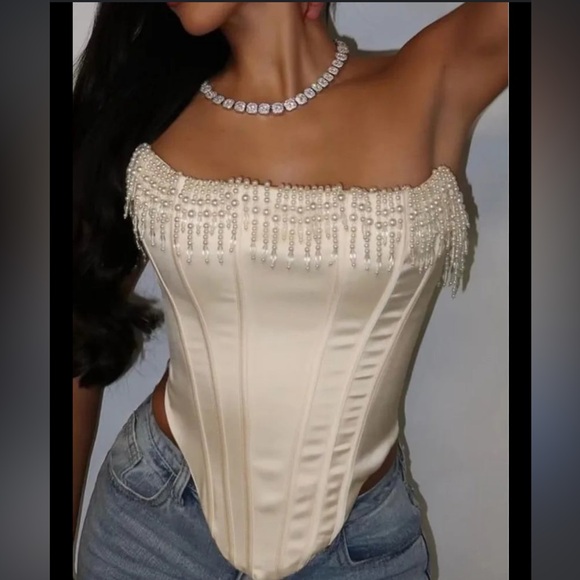 HOUSE OF CB 'Aubrie' Vintage Cream Embellished Satin Corset With Sleeve NWOT S - Picture 9 of 14